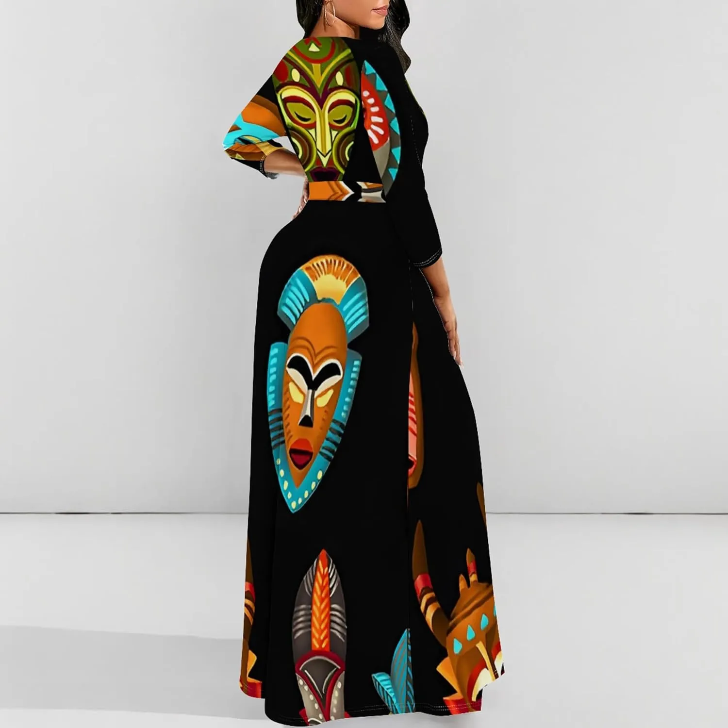 Women's Casual Maxi Dress 3/4 Sleeves Round Neck Wrap Maxi Sundress Plus Size African Style Dress with Belt