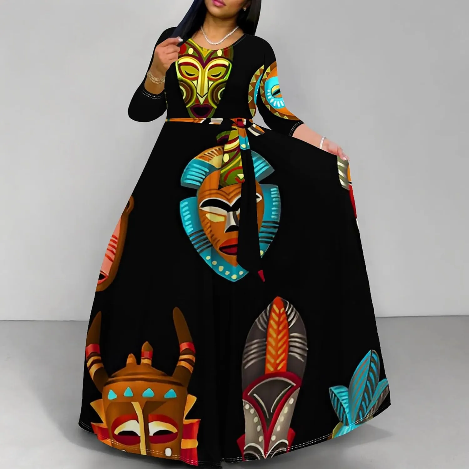 Women's Casual Maxi Dress 3/4 Sleeves Round Neck Wrap Maxi Sundress Plus Size African Style Dress with Belt
