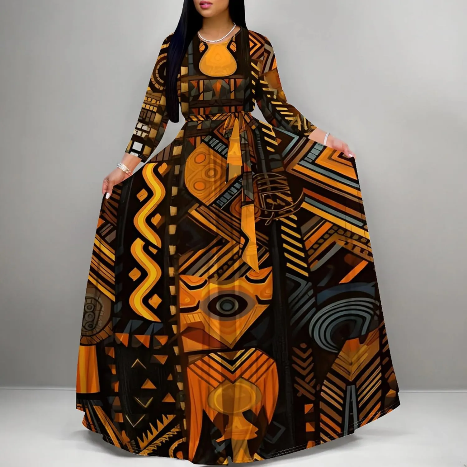 Women's Casual Maxi Dress 3/4 Sleeves Round Neck Wrap Maxi Sundress Plus Size African Style Dress with Belt