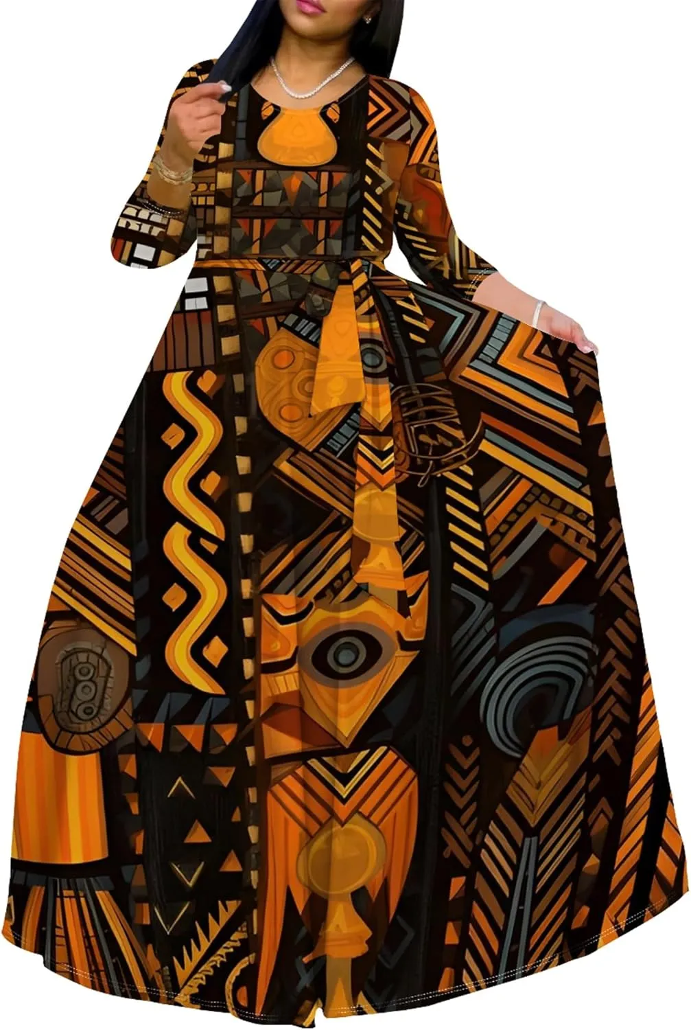 Women's Casual Maxi Dress 3/4 Sleeves Round Neck Wrap Maxi Sundress Plus Size African Style Dress with Belt