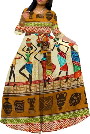 Women's Casual Maxi Dress 3/4 Sleeves Round Neck Wrap Maxi Sundress Plus Size African Style Dress with Belt