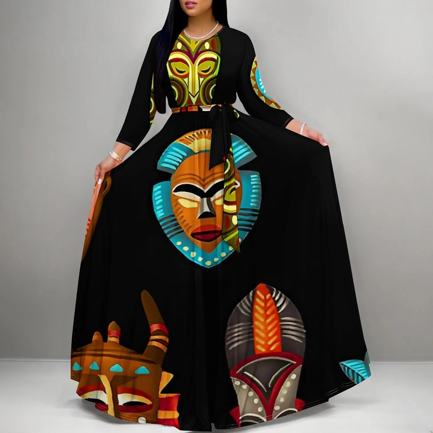 Women's Casual Maxi Dress 3/4 Sleeves Round Neck Wrap Maxi Sundress Plus Size African Style Dress with Belt