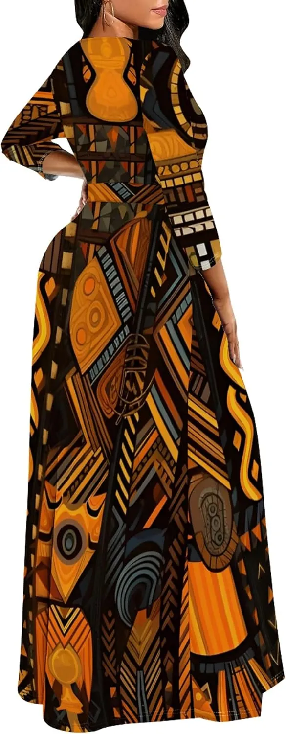 Women's Casual Maxi Dress 3/4 Sleeves Round Neck Wrap Maxi Sundress Plus Size African Style Dress with Belt