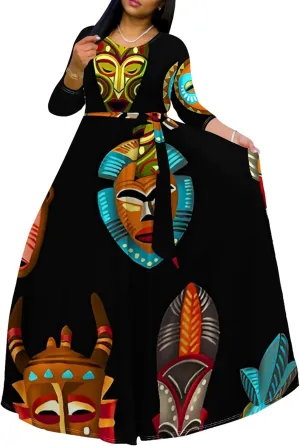 Women's Casual Maxi Dress 3/4 Sleeves Round Neck Wrap Maxi Sundress Plus Size African Style Dress with Belt