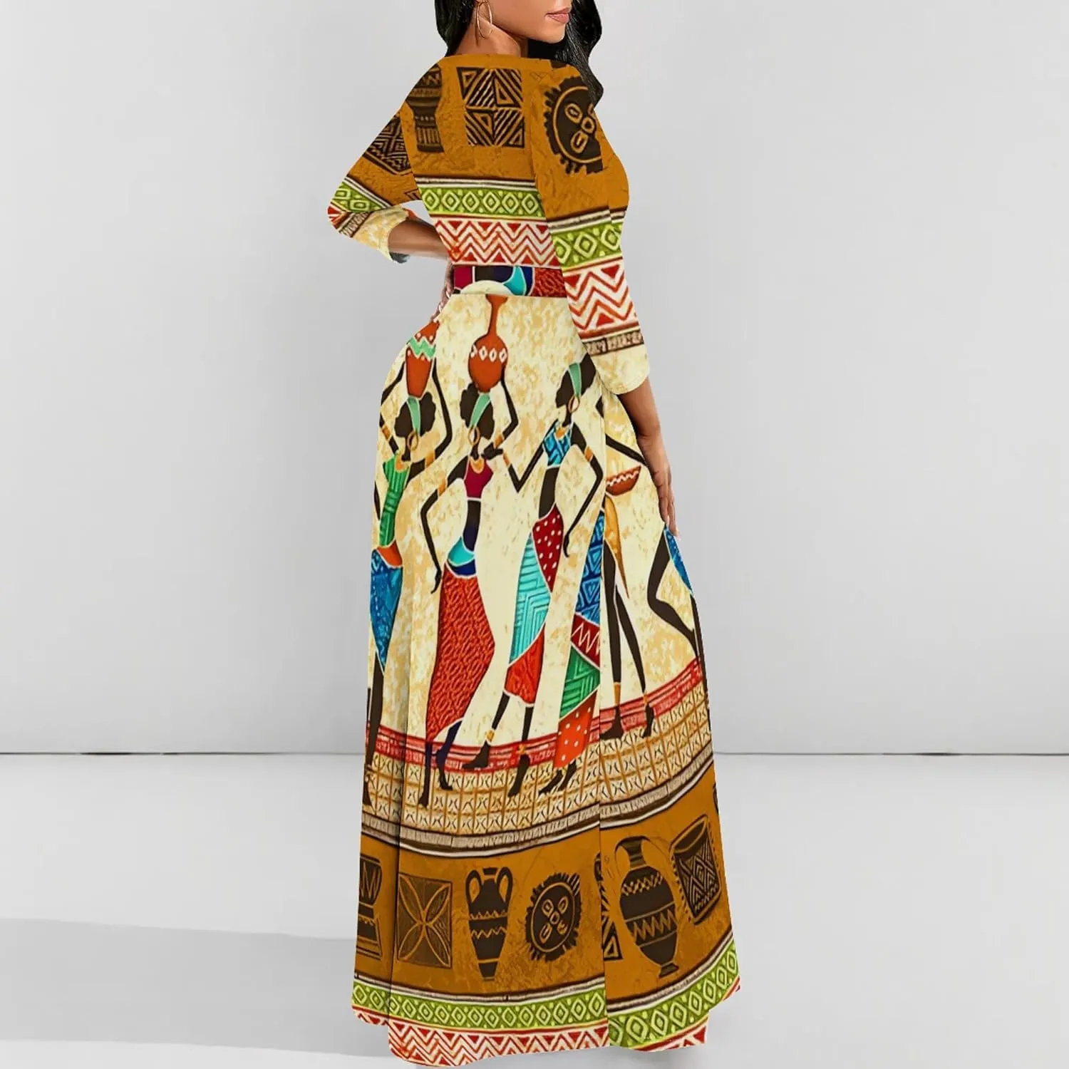 Women's Casual Maxi Dress 3/4 Sleeves Round Neck Wrap Maxi Sundress Plus Size African Style Dress with Belt