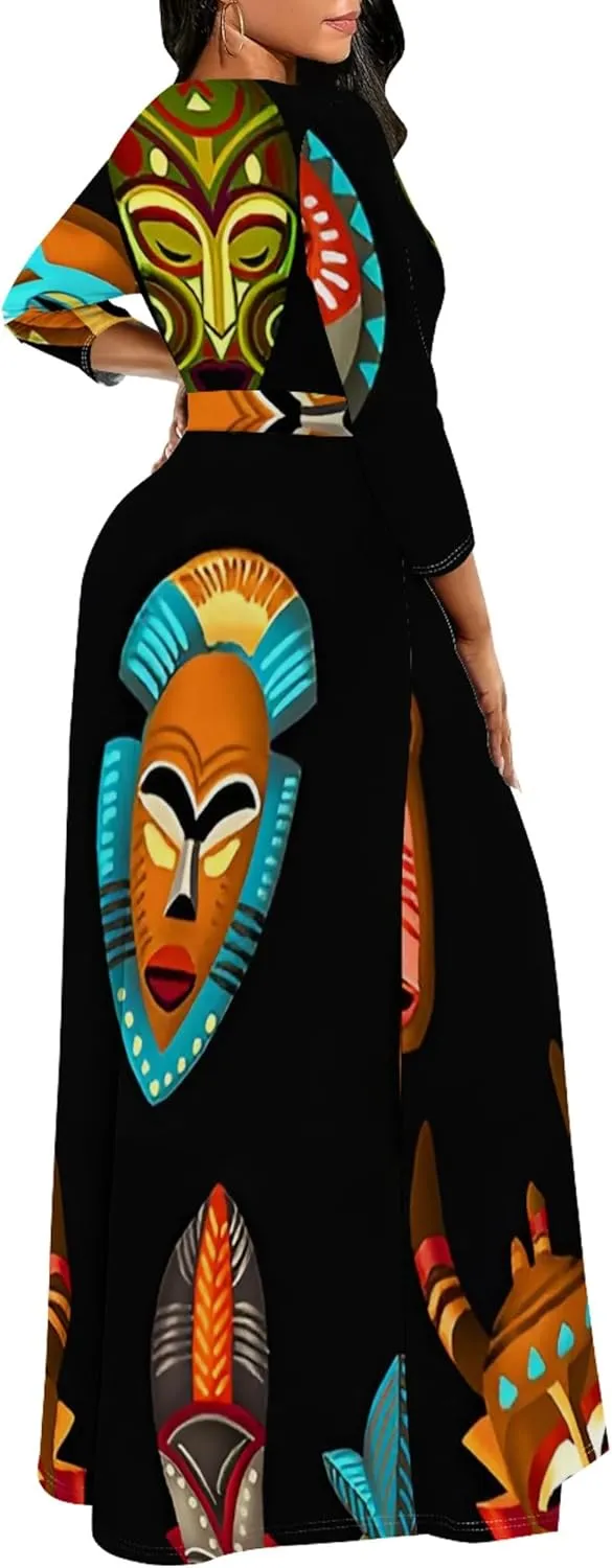 Women's Casual Maxi Dress 3/4 Sleeves Round Neck Wrap Maxi Sundress Plus Size African Style Dress with Belt