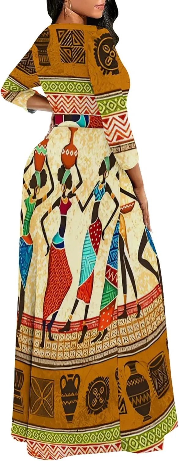 Women's Casual Maxi Dress 3/4 Sleeves Round Neck Wrap Maxi Sundress Plus Size African Style Dress with Belt