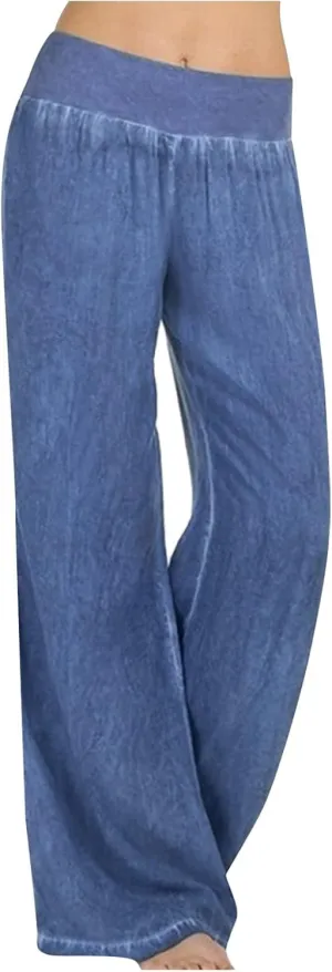 Womens Casual Pant 2024 Summer Trendy High Waist Fake Denim Wide Leg Palazzo Pants Lounge Jeans Trousers with Pocket