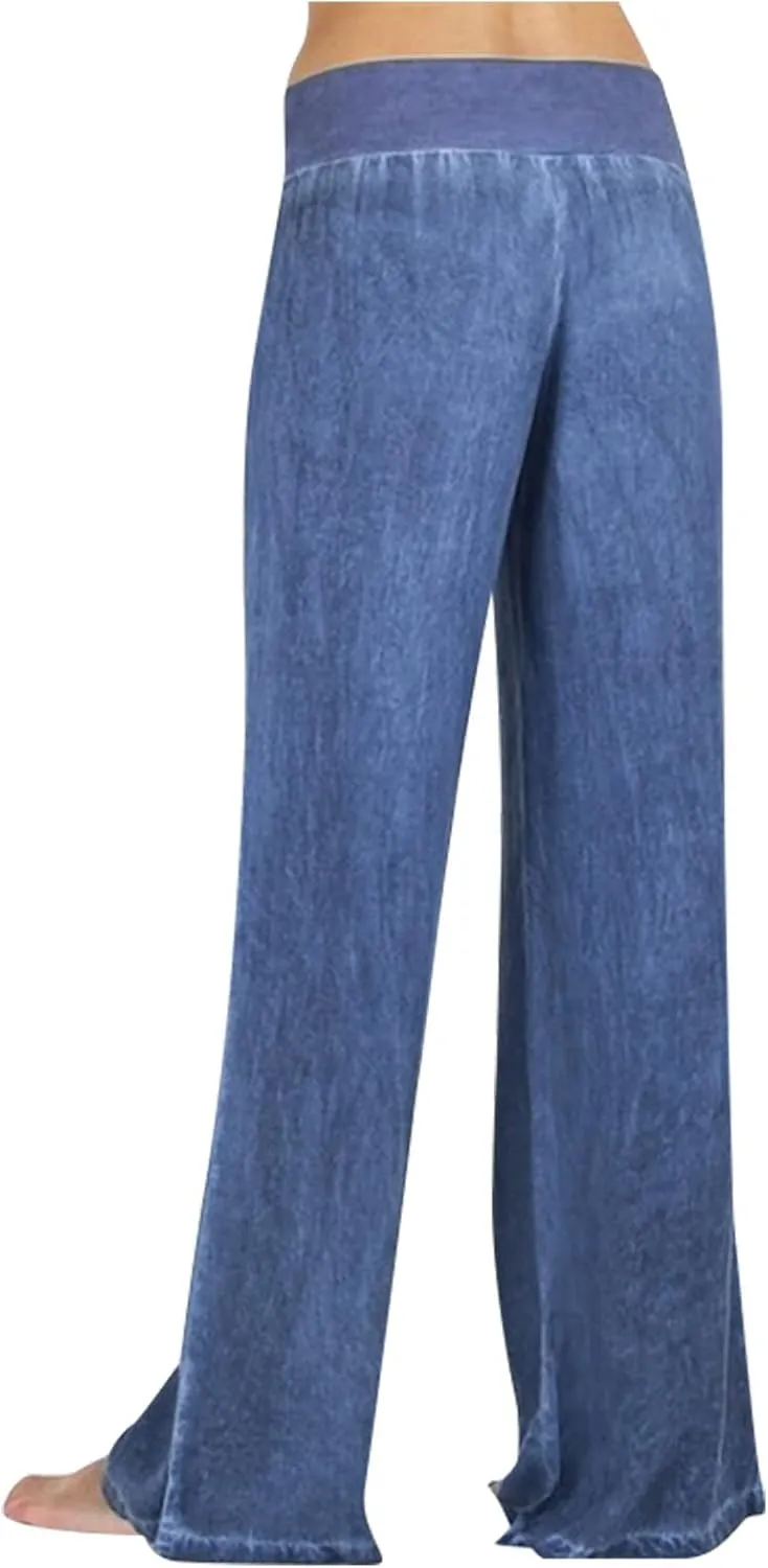 Womens Casual Pant 2024 Summer Trendy High Waist Fake Denim Wide Leg Palazzo Pants Lounge Jeans Trousers with Pocket