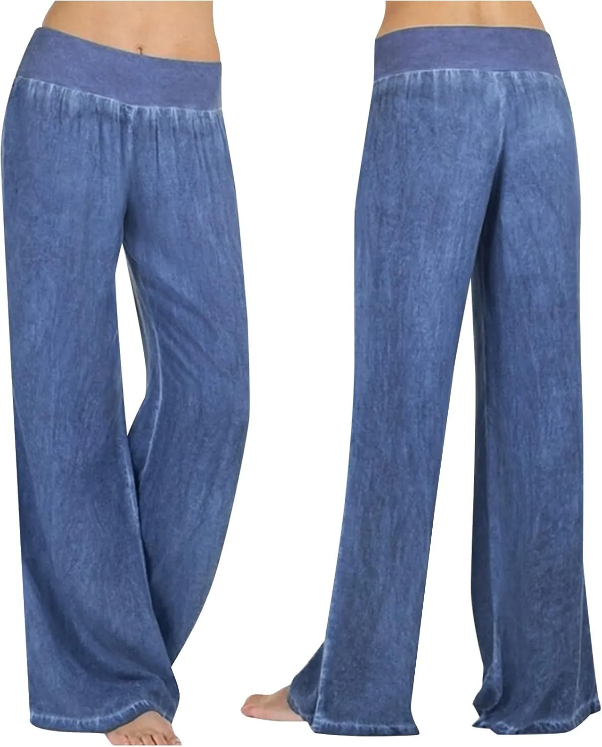 Womens Casual Pant 2024 Summer Trendy High Waist Fake Denim Wide Leg Palazzo Pants Lounge Jeans Trousers with Pocket