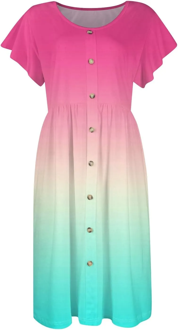 Womens Casual Round Neck 2025 Dresses Fly Sleeve Fashion Printed Sexy Button Pocket Summer Midi Slim Party Dress