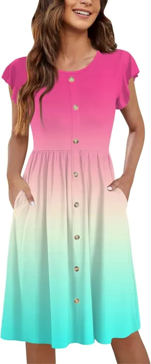 Womens Casual Round Neck 2025 Dresses Fly Sleeve Fashion Printed Sexy Button Pocket Summer Midi Slim Party Dress