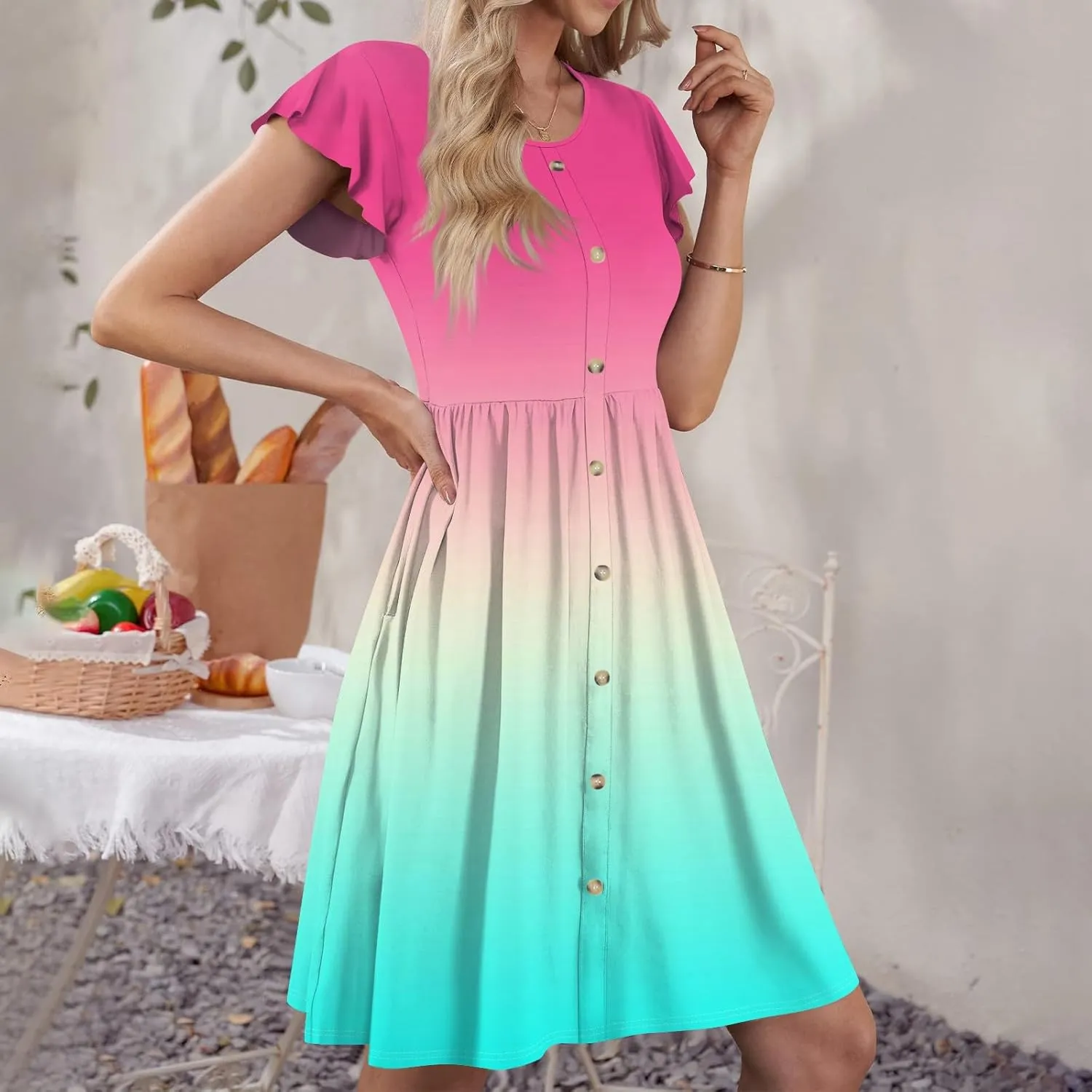 Womens Casual Round Neck 2025 Dresses Fly Sleeve Fashion Printed Sexy Button Pocket Summer Midi Slim Party Dress