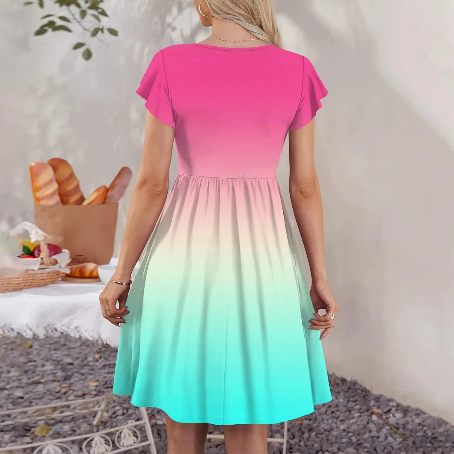 Womens Casual Round Neck 2025 Dresses Fly Sleeve Fashion Printed Sexy Button Pocket Summer Midi Slim Party Dress