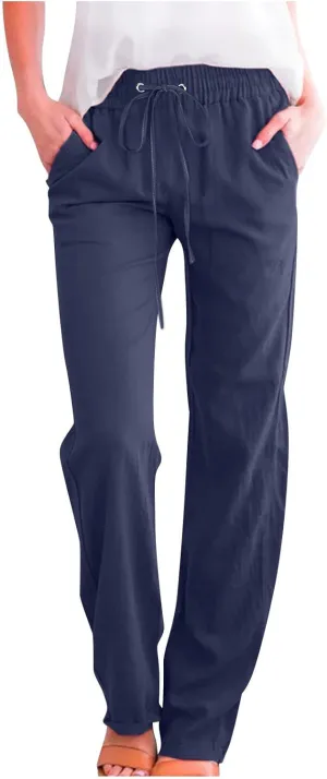 Womens Casual Summer Pants 2024 Straight Leg Drawstring Elastic High Waist Cotton Linen Pants Loose Comfy Trousers