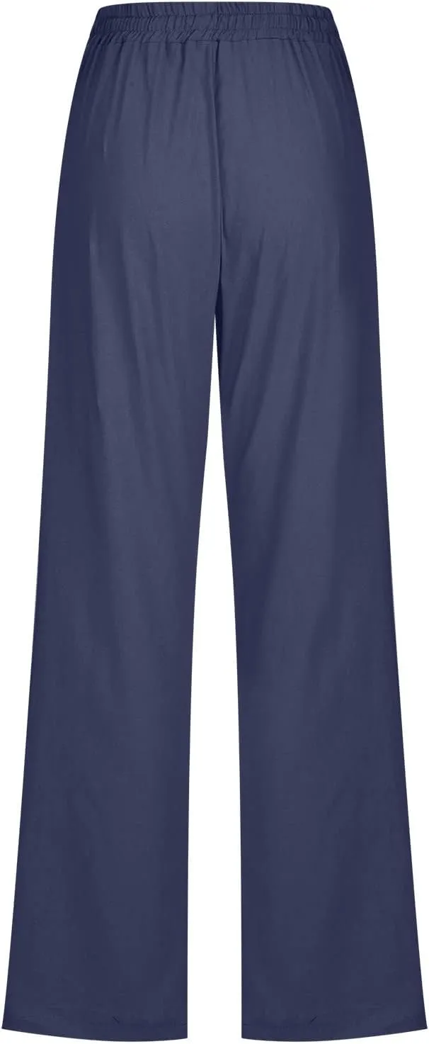 Womens Casual Summer Pants 2024 Straight Leg Drawstring Elastic High Waist Cotton Linen Pants Loose Comfy Trousers
