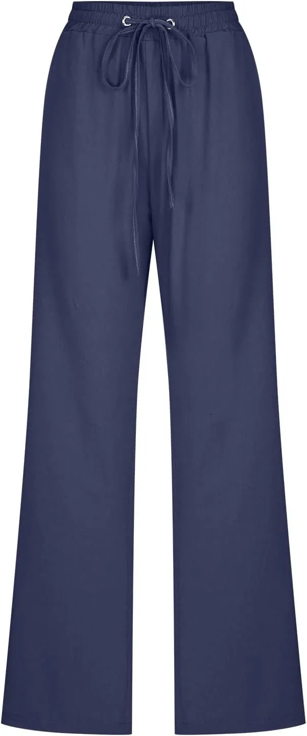 Womens Casual Summer Pants 2024 Straight Leg Drawstring Elastic High Waist Cotton Linen Pants Loose Comfy Trousers