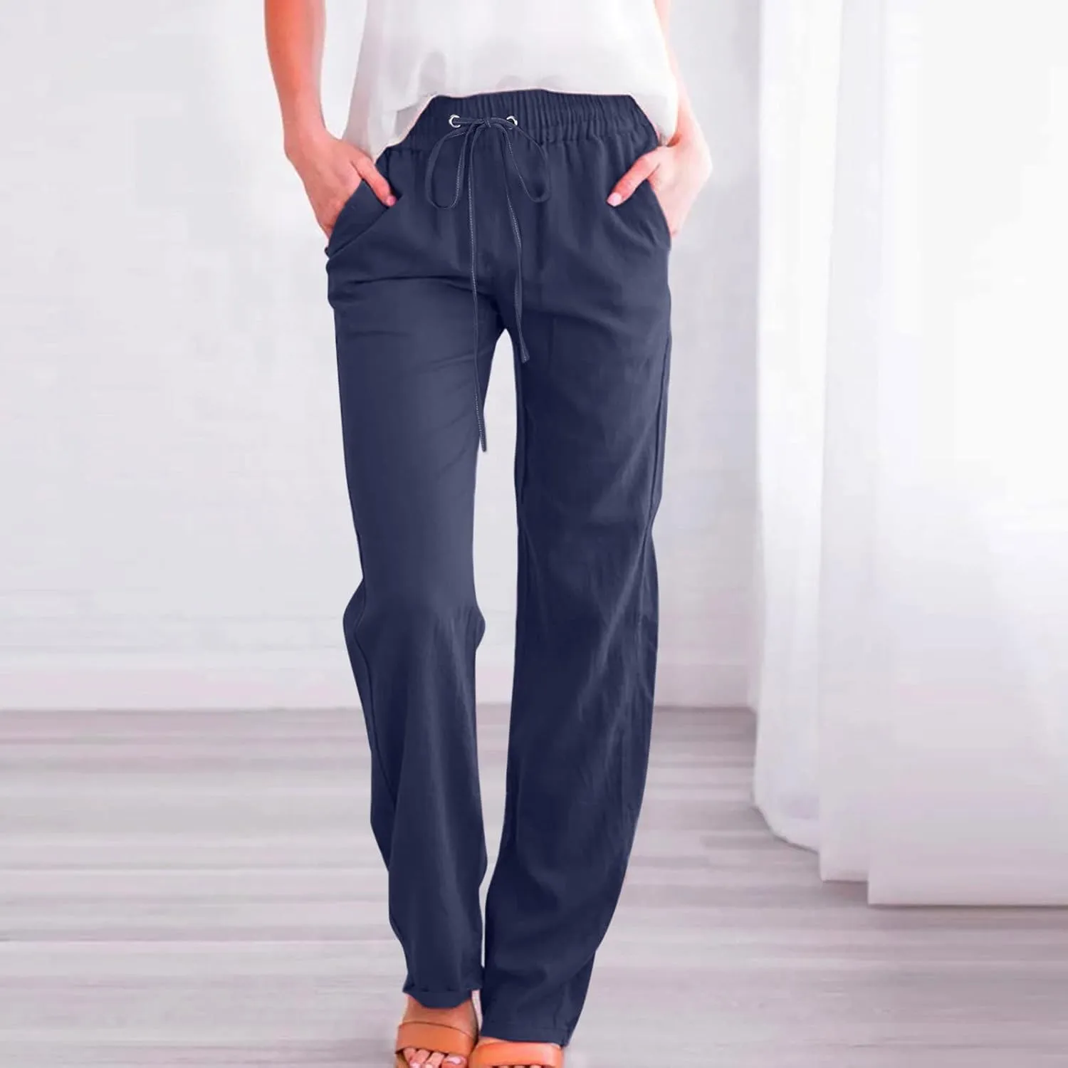 Womens Casual Summer Pants 2024 Straight Leg Drawstring Elastic High Waist Cotton Linen Pants Loose Comfy Trousers
