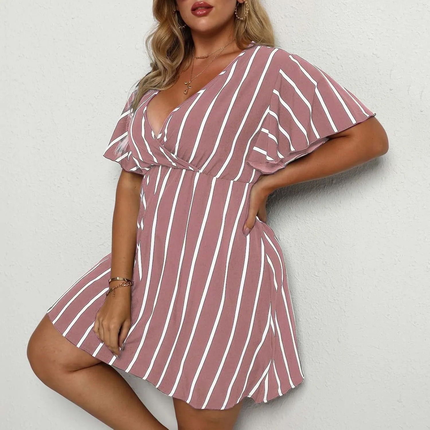 Womens Casual Sun Summer Dresses Plus Size Wrap V Neck Ruffle Hem A Line Short Dress Striped Print Short Sleeve Dress