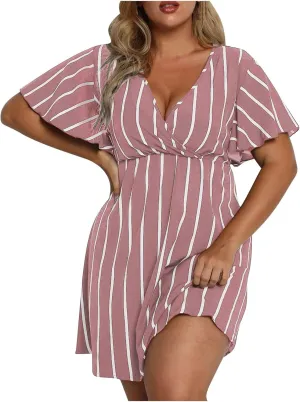 Womens Casual Sun Summer Dresses Plus Size Wrap V Neck Ruffle Hem A Line Short Dress Striped Print Short Sleeve Dress