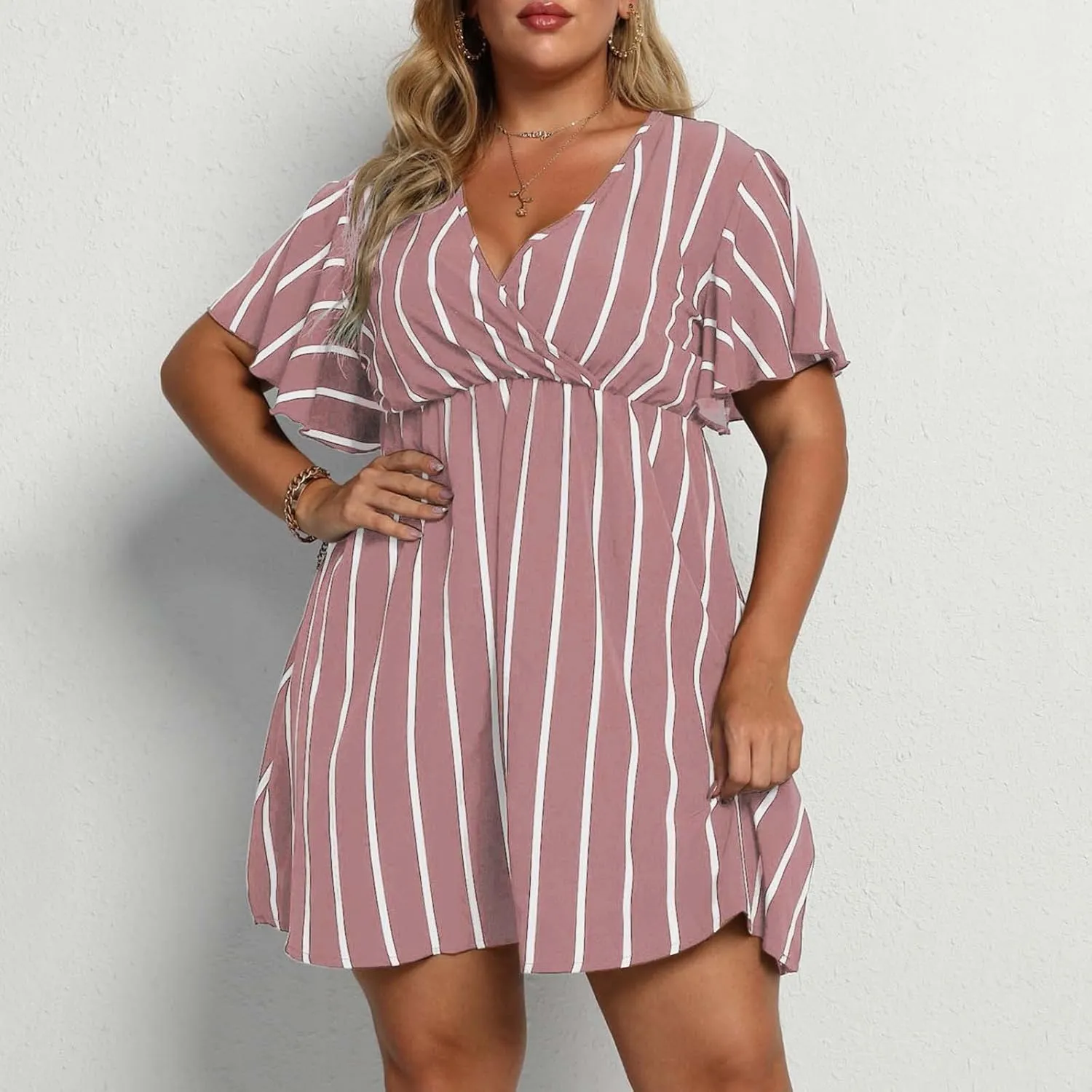 Womens Casual Sun Summer Dresses Plus Size Wrap V Neck Ruffle Hem A Line Short Dress Striped Print Short Sleeve Dress