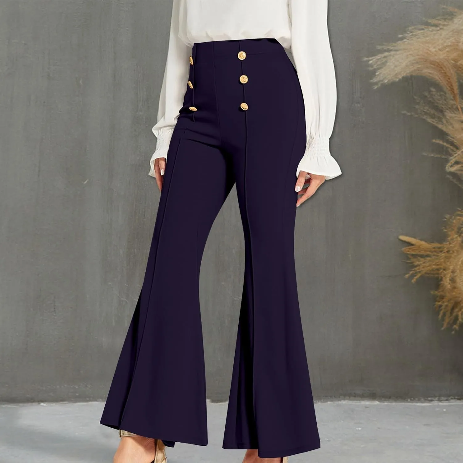 Womens Classy High Waist Double Breasted Flared Sailor Trousers Pants with Hide Zipper Tummy Button Wide Leg Pant