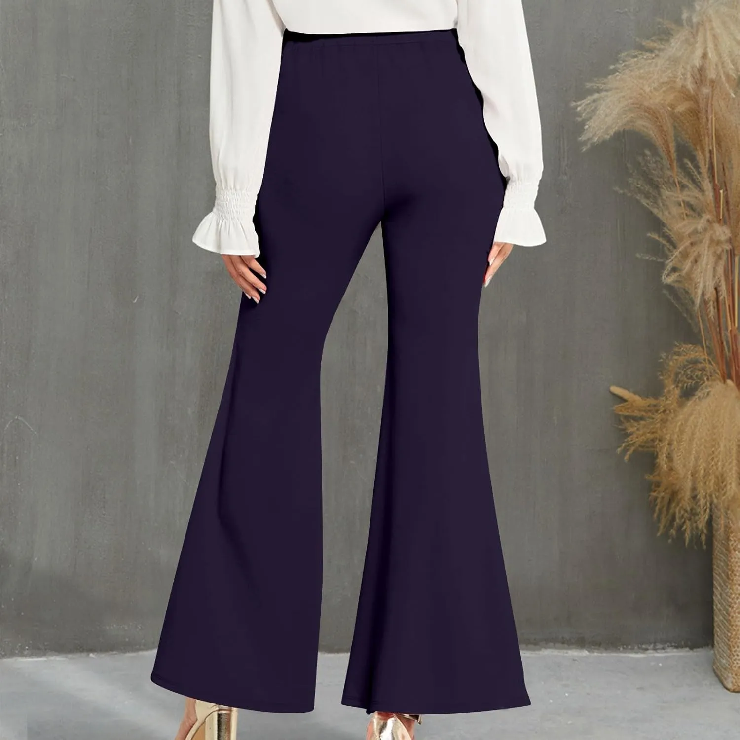 Womens Classy High Waist Double Breasted Flared Sailor Trousers Pants with Hide Zipper Tummy Button Wide Leg Pant