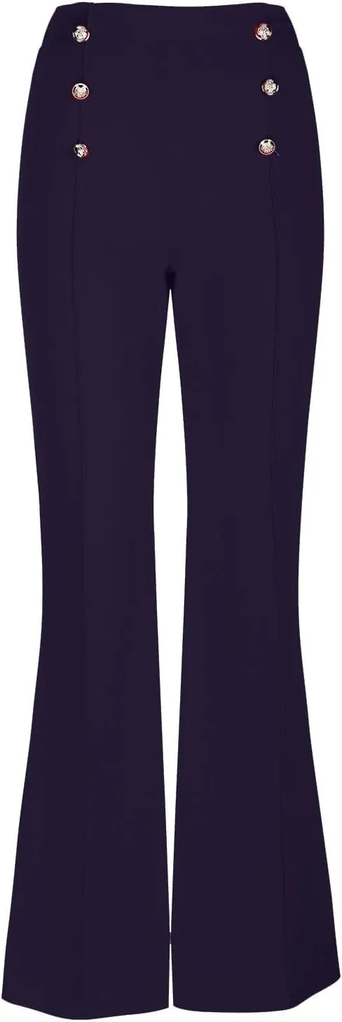 Womens Classy High Waist Double Breasted Flared Sailor Trousers Pants with Hide Zipper Tummy Button Wide Leg Pant