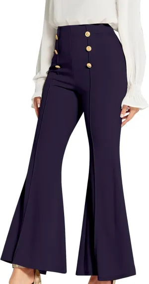 Womens Classy High Waist Double Breasted Flared Sailor Trousers Pants with Hide Zipper Tummy Button Wide Leg Pant