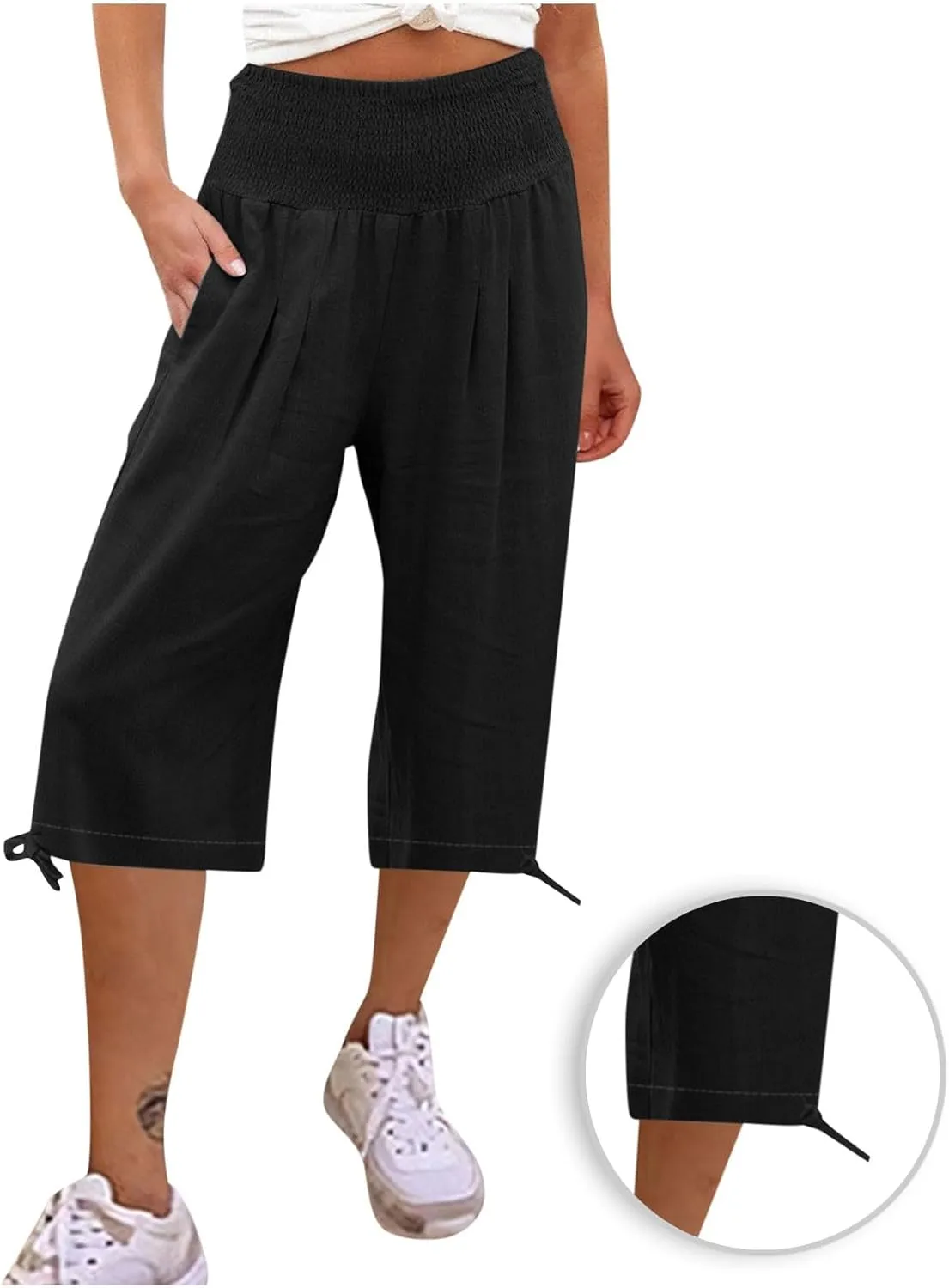 Womens Cotton Linen Capri Pants High Waisted Flowy Lounge Wide Leg Palazzo Capris Baggy Summer Casual Cropped Trouser
