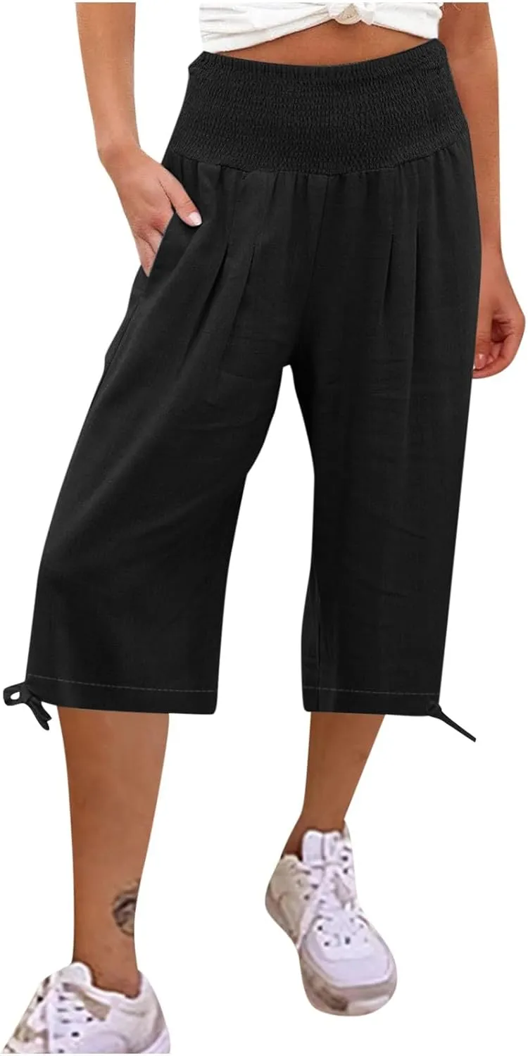 Womens Cotton Linen Capri Pants High Waisted Flowy Lounge Wide Leg Palazzo Capris Baggy Summer Casual Cropped Trouser