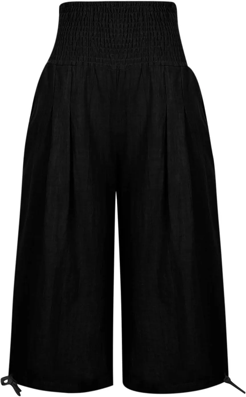 Womens Cotton Linen Capri Pants High Waisted Flowy Lounge Wide Leg Palazzo Capris Baggy Summer Casual Cropped Trouser