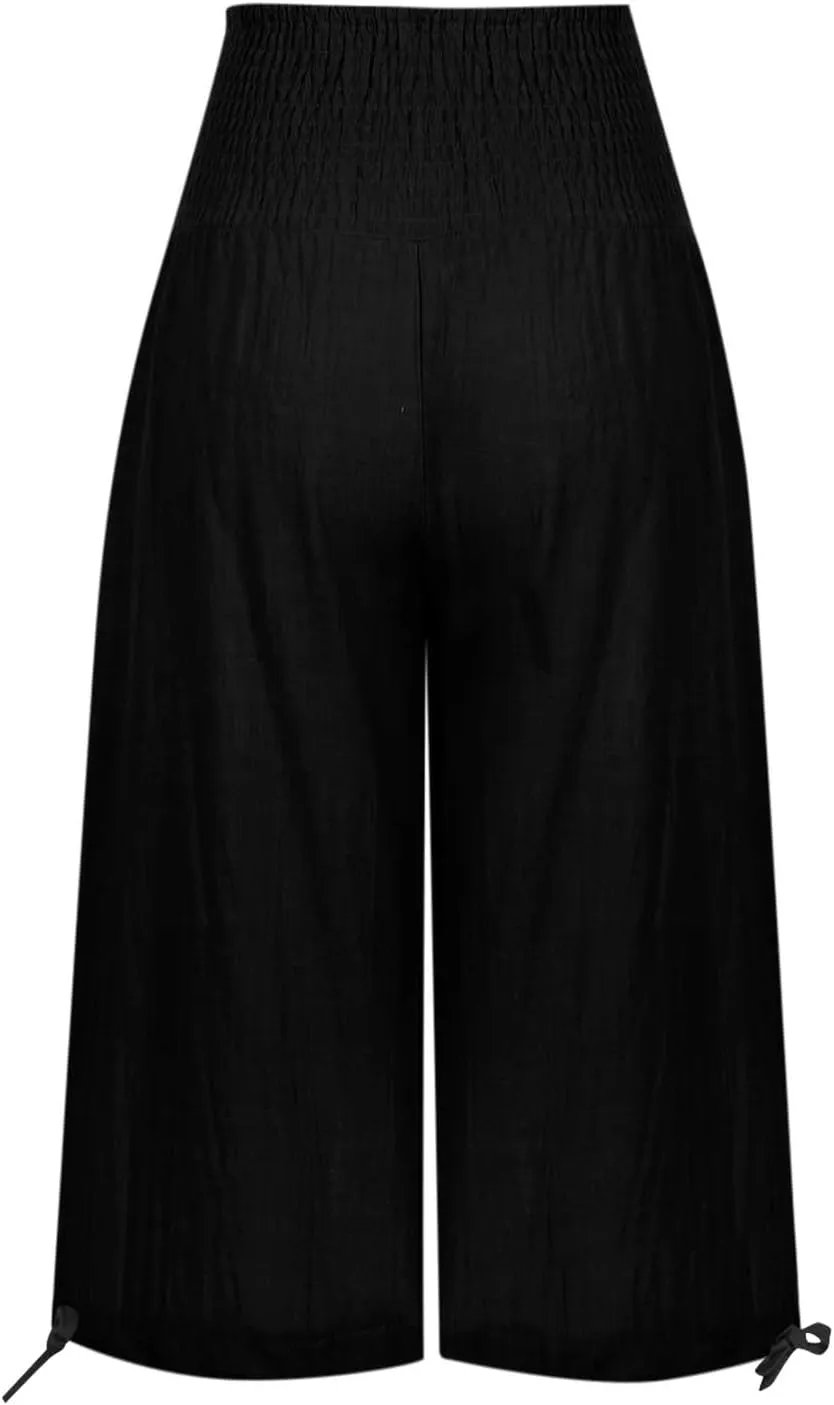 Womens Cotton Linen Capri Pants High Waisted Flowy Lounge Wide Leg Palazzo Capris Baggy Summer Casual Cropped Trouser