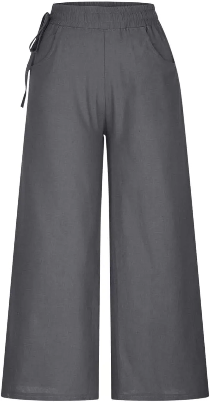 Women's Cotton Linen Pants Casual Solid Wide Leg Trousers Loose Elastic Waist Drawstring Palazzo Pant with Pockets