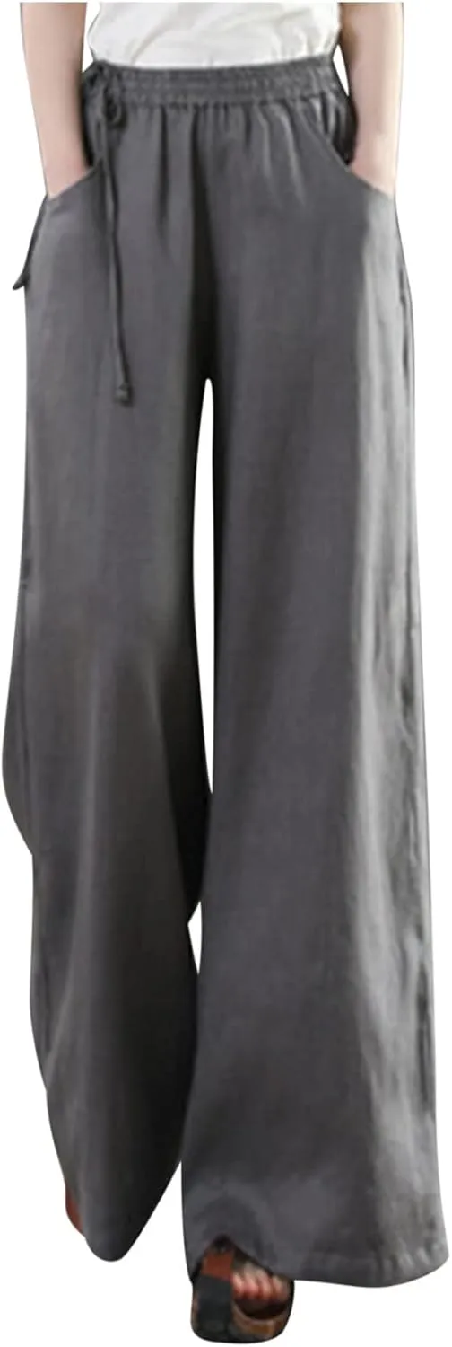 Women's Cotton Linen Pants Casual Solid Wide Leg Trousers Loose Elastic Waist Drawstring Palazzo Pant with Pockets