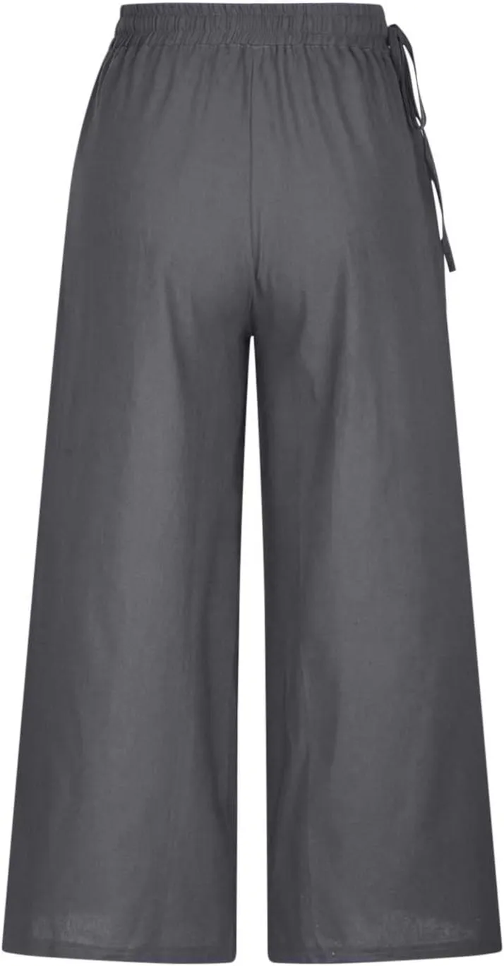 Women's Cotton Linen Pants Casual Solid Wide Leg Trousers Loose Elastic Waist Drawstring Palazzo Pant with Pockets