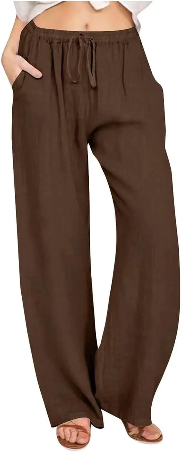 Women's Cotton Linen Pants Summer Wide Leg Casual Loose Drawstring High Waist Palazzo Pants Lightweight Trousers with Pockets Overstock Items Clearance All Prime B28 Coffee,L, Large