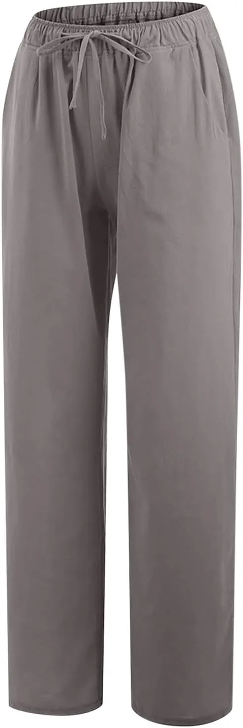 Women's Cotton Linen Pants Summer Wide Leg Pants Casual Loose Drawstring High Waist Palazzo Pants Trousers Pockets