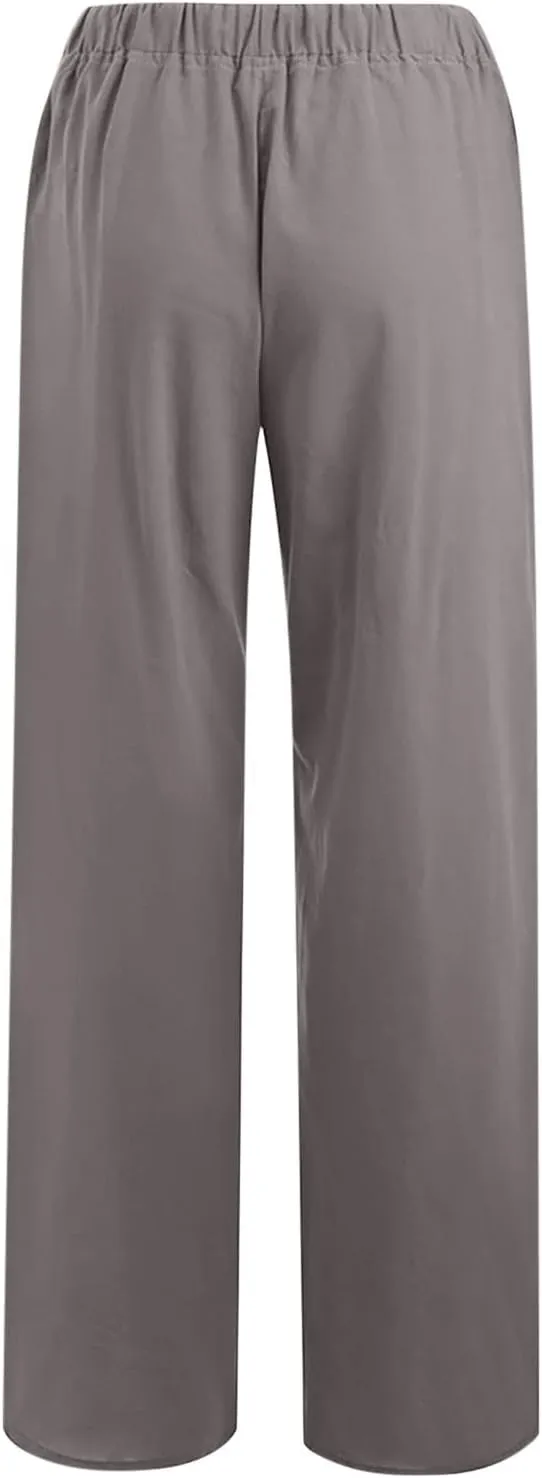 Women's Cotton Linen Pants Summer Wide Leg Pants Casual Loose Drawstring High Waist Palazzo Pants Trousers Pockets