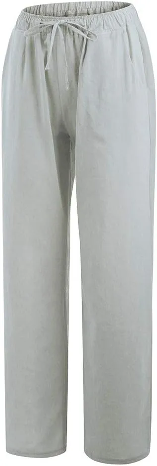 Women's Cotton Linen Pants Summer Wide Leg Pants Casual Loose Drawstring High Waist Palazzo Pants Trousers Pockets