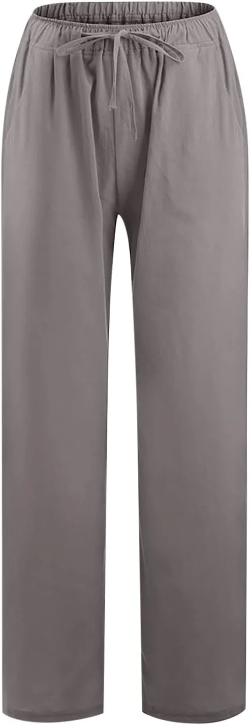 Women's Cotton Linen Pants Summer Wide Leg Pants Casual Loose Drawstring High Waist Palazzo Pants Trousers Pockets