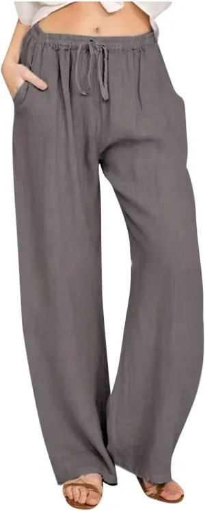 Women's Cotton Linen Pants Summer Wide Leg Pants Casual Loose Drawstring High Waist Palazzo Pants Trousers Pockets