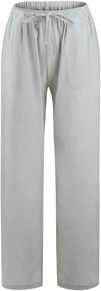 Women's Cotton Linen Pants Summer Wide Leg Pants Casual Loose Drawstring High Waist Palazzo Pants Trousers Pockets