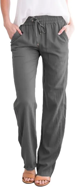 Women's Cotton Linen Straight Leg Pants Casual Summer Loose Sweatpants Tapered Ankle Capris Cropped Beach Trousers