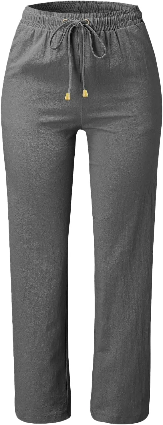 Women's Cotton Linen Straight Leg Pants Casual Summer Loose Sweatpants Tapered Ankle Capris Cropped Beach Trousers