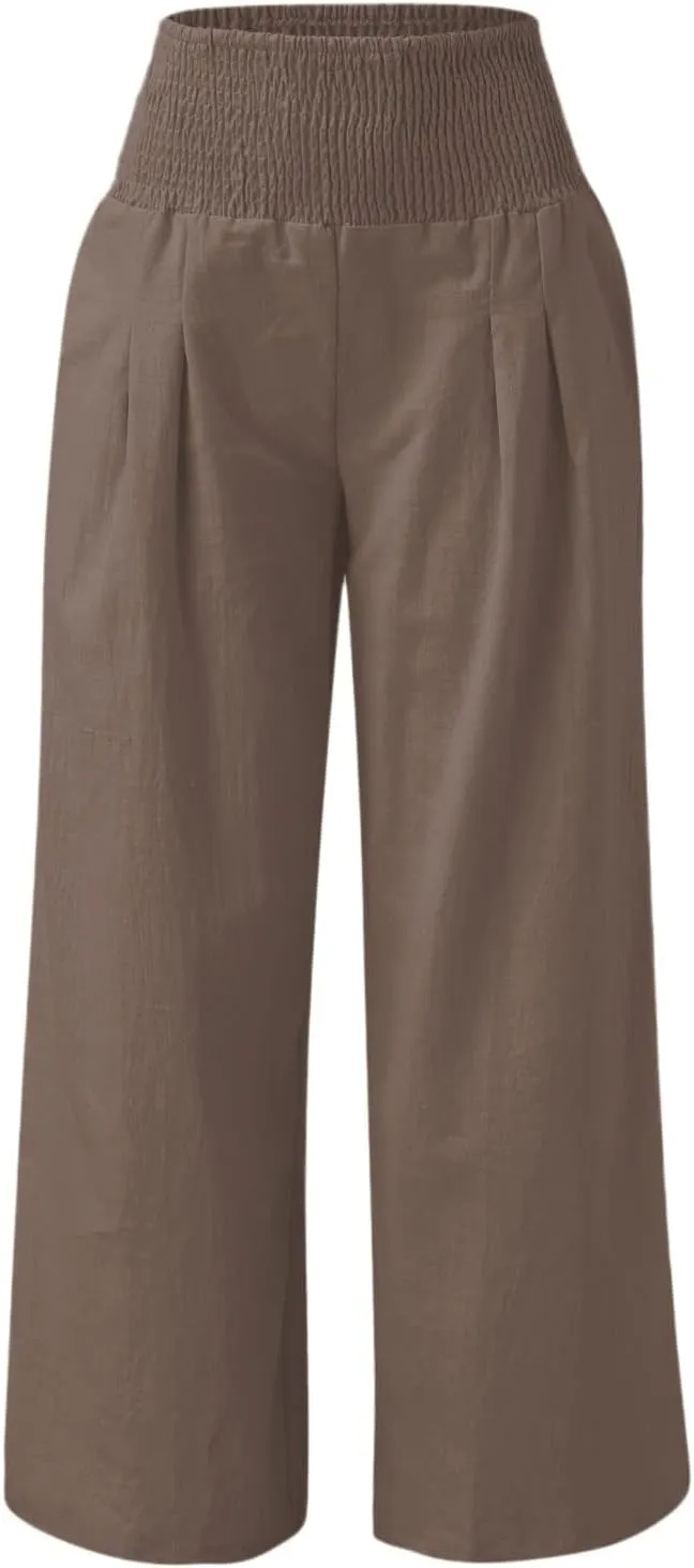 Womens Cotton Linen Wide Leg Pants Elastic High Waist Wide Leg Palazzo Pants
