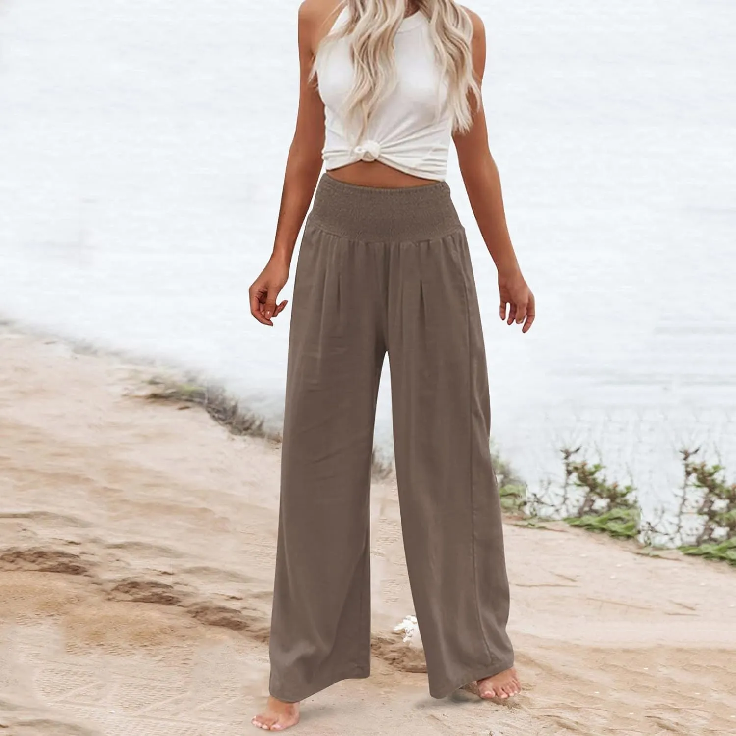 Womens Cotton Linen Wide Leg Pants Elastic High Waist Wide Leg Palazzo Pants