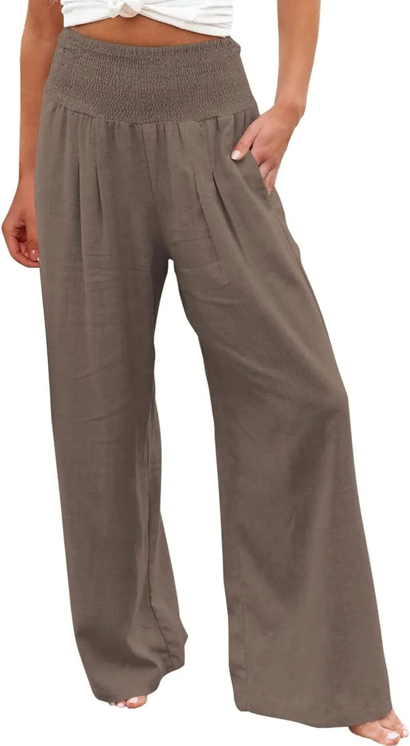 Womens Cotton Linen Wide Leg Pants Elastic High Waist Wide Leg Palazzo Pants