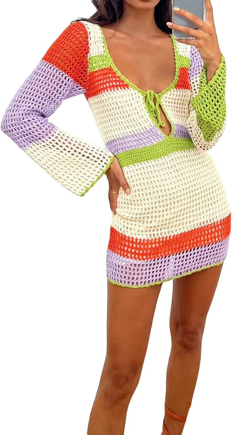 Womens Crochet Knit Mini Dress Hollow Out Backless Bodycon Short Dresses Summer Tie Up Beach Wear Sundress
