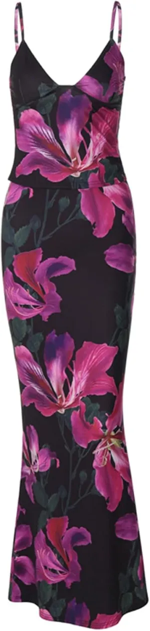 Women's Elegant Floral Print Maxi Skirt Sets Sexy V Neck Cami Crop Top and Long Skirt Set